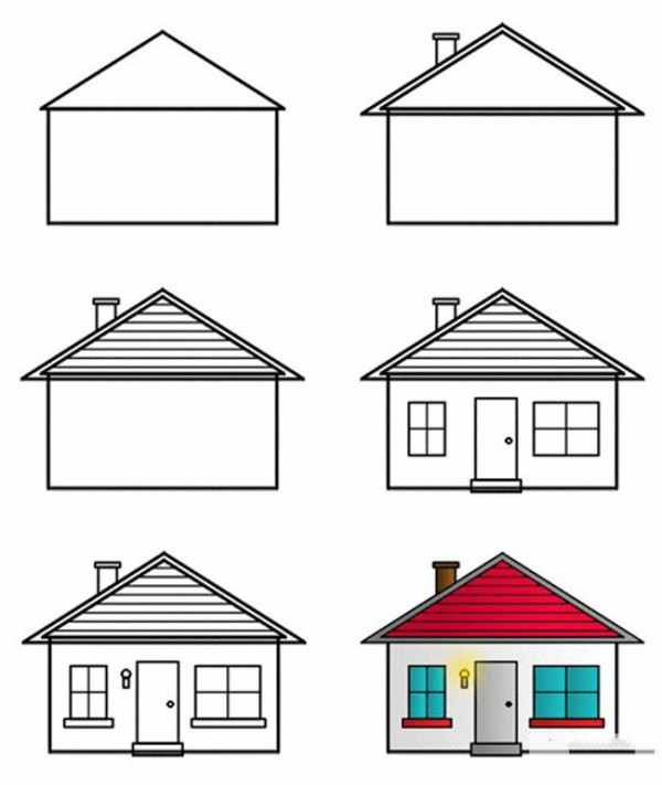 Simple drawing tutorial with pictures and text. Step by step drawing of simple house.