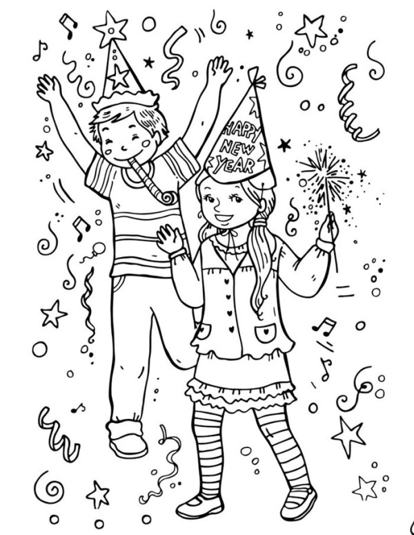 Simple drawing pictures of children celebrating the New Year