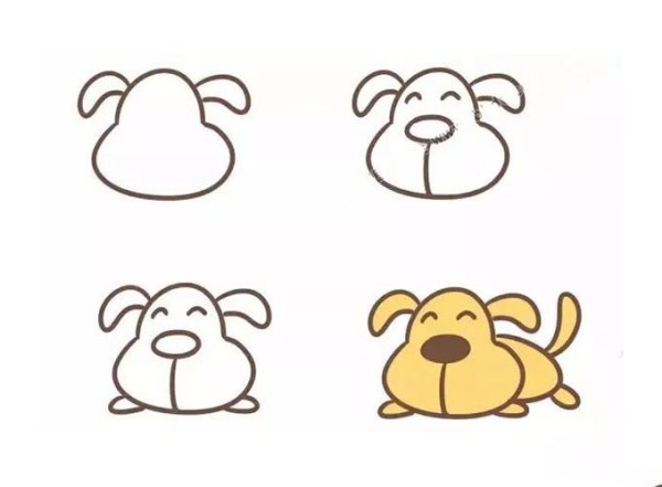 Step-by-step drawing of 4 kinds of puppies in simple strokes