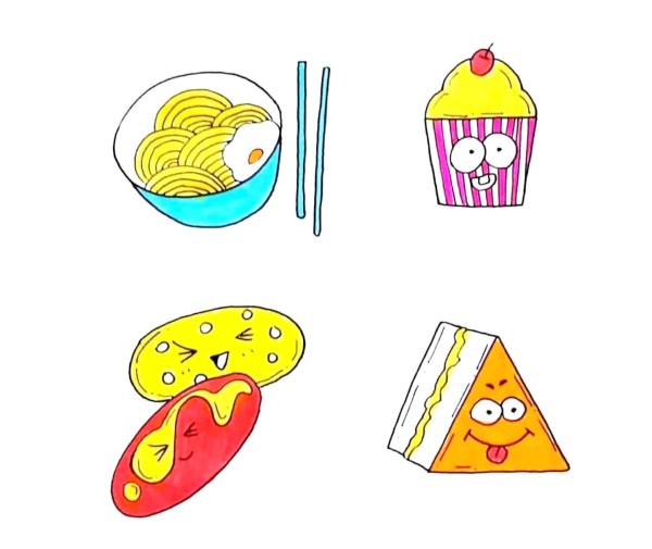 Colorful simple drawing pictures of 28 kinds of Western food