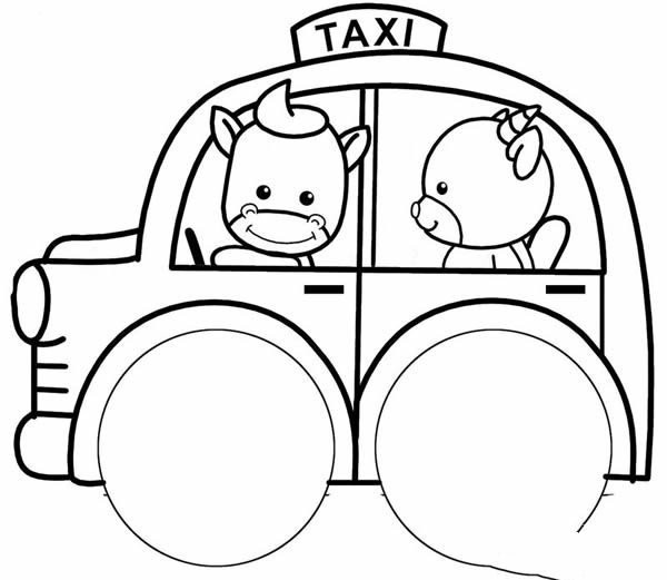 Simple drawing of a calf driving a taxi