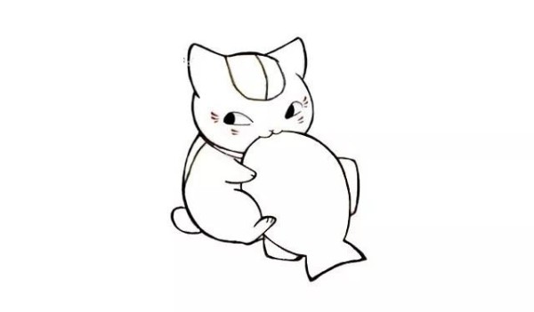 Draw a simple drawing of a kitten eating fish