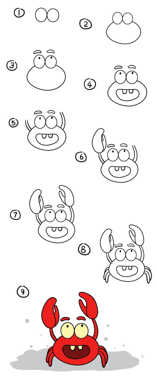 Happy little crab simple drawing tutorial step by step diagram