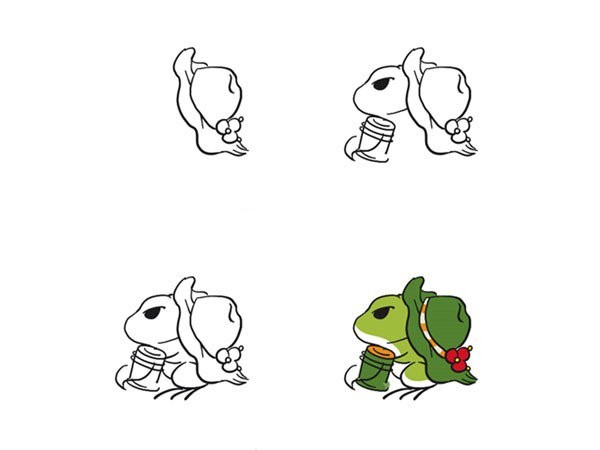 Step-by-step diagram of 6 ways to draw a traveling frog