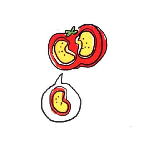 Draw a cute simple drawing of a healthy and refreshing tomato in four steps