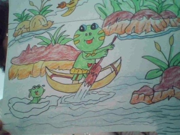 Childrens drawing of little frog rowing a boat