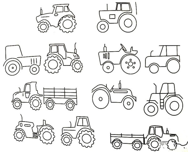 A complete collection of simple drawings of tractors and their drawing steps