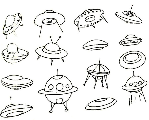 Complete collection of simple drawings of flying saucers and drawing steps