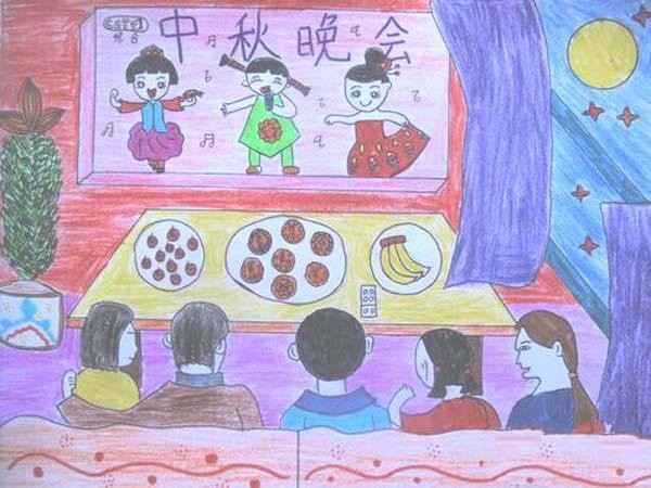 Beautiful pictures of children’s paintings during the Mid-Autumn Festival: A family watching the Mid-Autumn Festival party