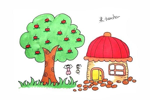 How to draw houses and fruit trees