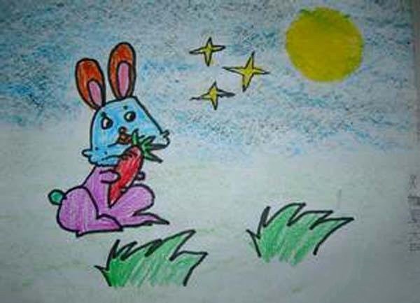 Childrens crayon drawings for the Mid-Autumn Festival in the first grade of elementary school: Jade Rabbit descends to earth and eats radishes