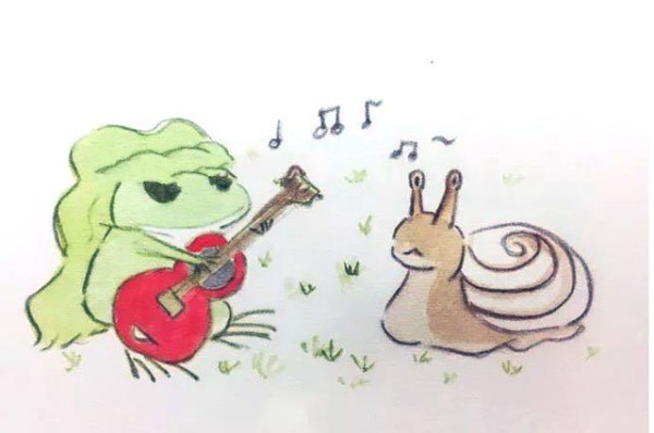 Traveling frog playing guitar