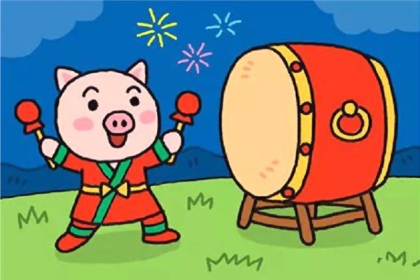 How to draw a simple drawing of a pig playing drums