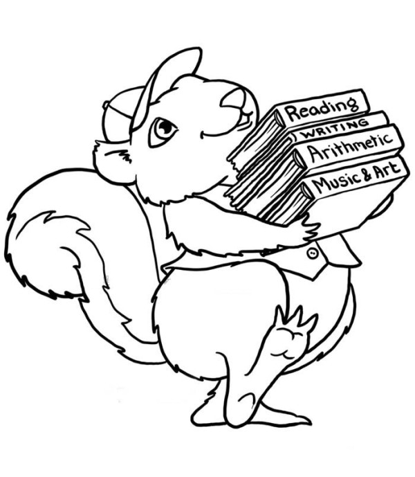 Simple drawing picture of little squirrel holding a book