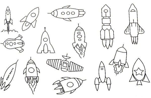 Complete collection of rocket simple strokes and drawing steps