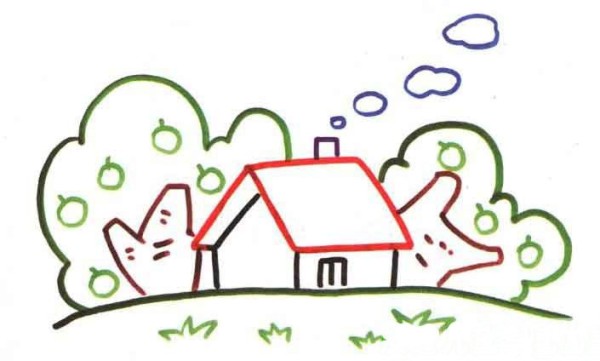 Childrens simple drawing of pastoral scenery