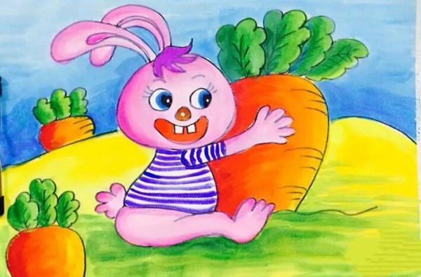 Little rabbit pulling carrots, creative childrens drawings to appreciate