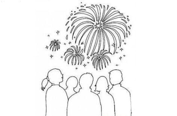 Simple drawing of watching fireworks on National Day