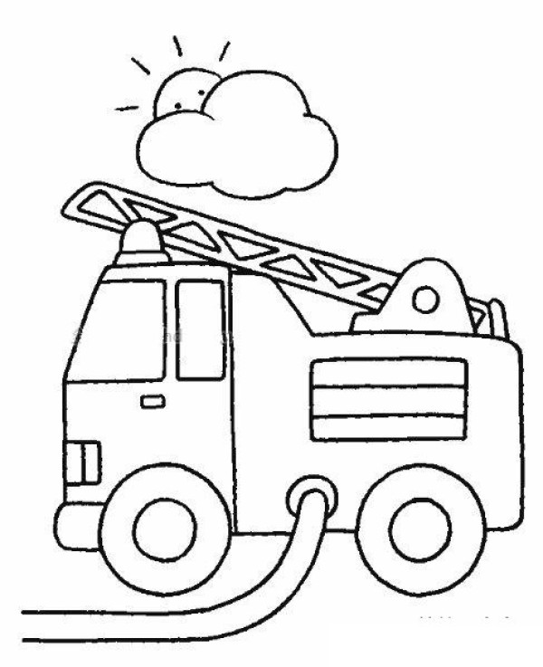 Simple drawing of fire truck pumping water