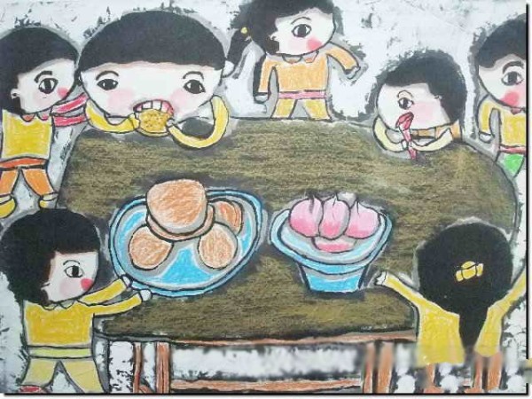 Childrens drawings celebrating the Mid-Autumn Festival - eating mooncakes during the Mid-Autumn Festival