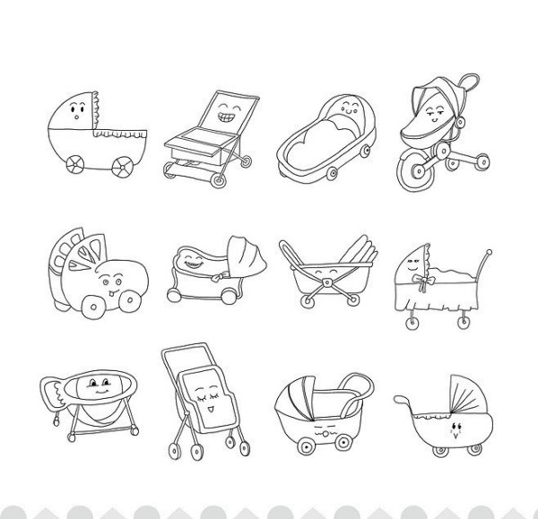 Complete collection of simple strokes of baby carriage