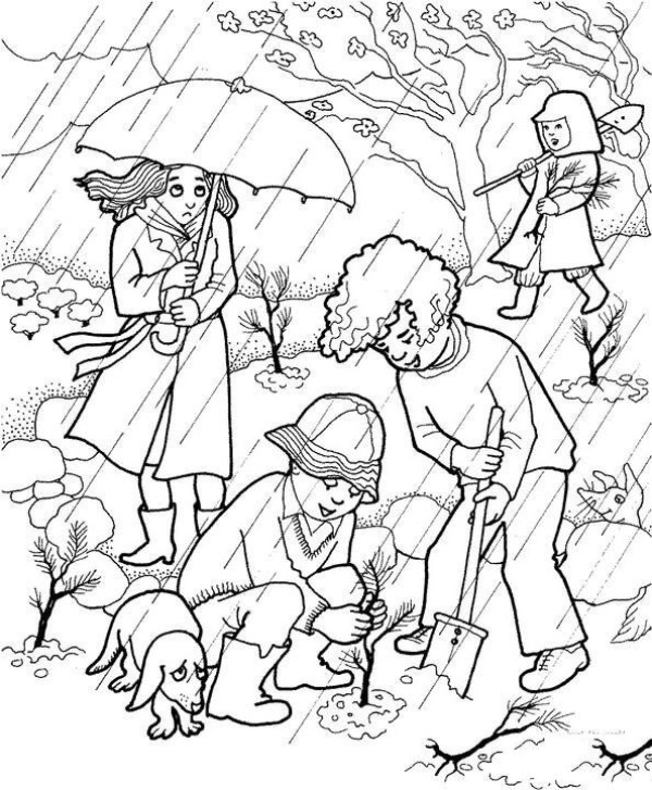 Arbor Day simple drawing boy planting trees in the garden