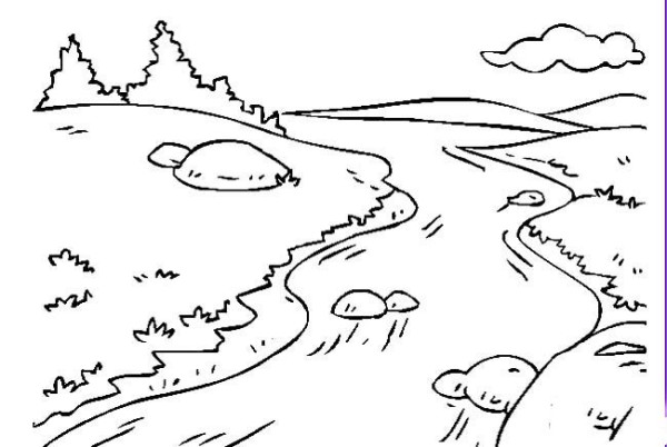 Simple drawing of landscape, simple drawing of small river and water