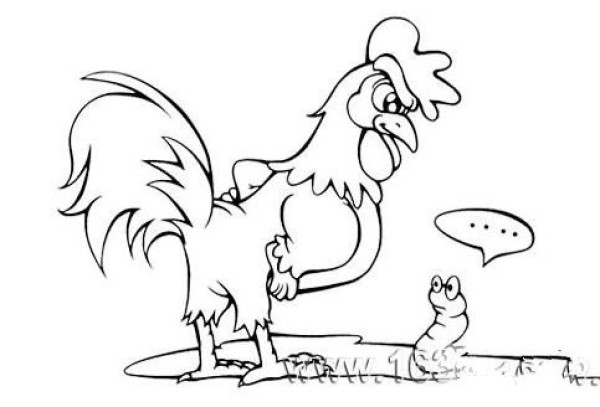 Simple drawing picture of little rooster eating bugs