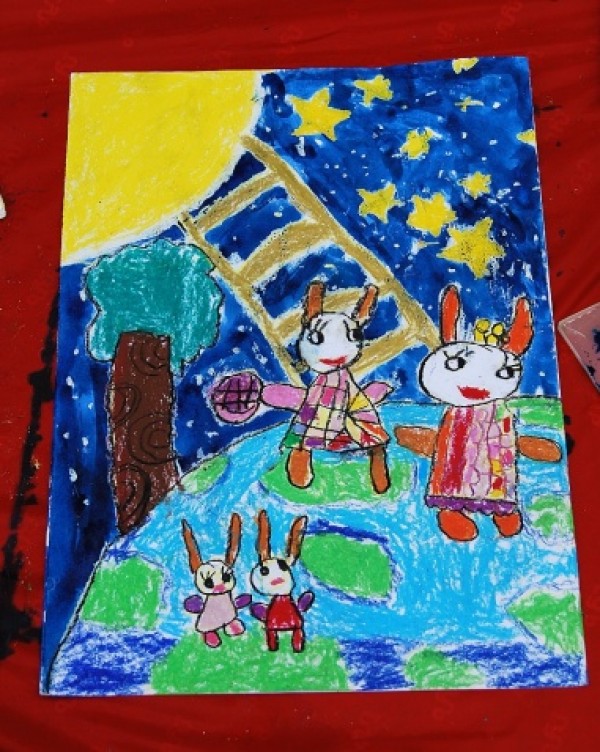 Childrens paintings for Mid-Autumn Festival - Rabbit gives mooncakes to the moon