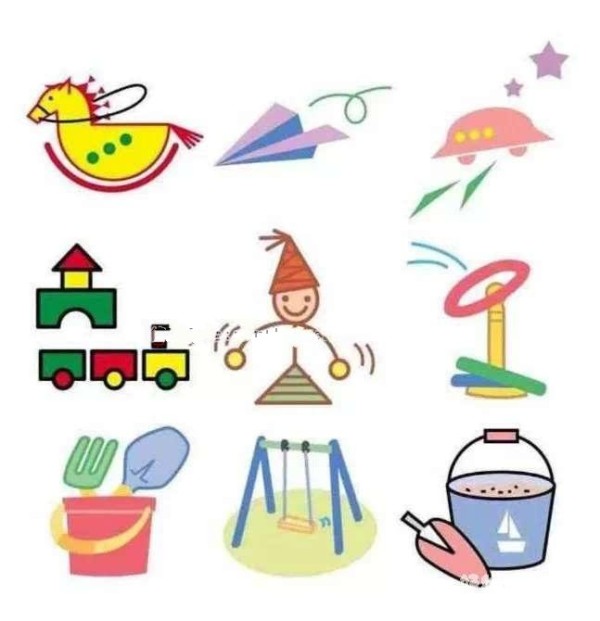 Simple drawing pictures of colorful toys in kindergarten