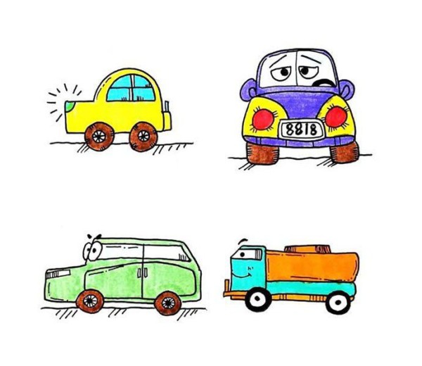 Colorful simple drawing pictures of 4 types of cars