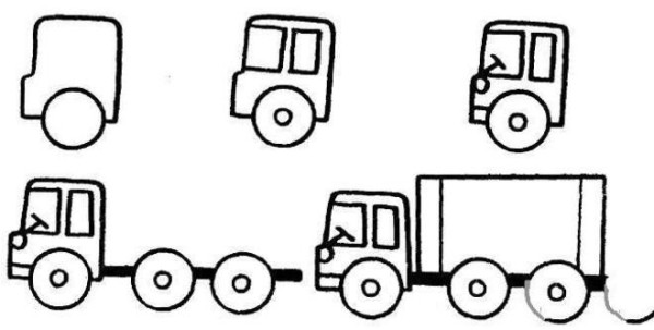 Step by step drawing of cartoon small truck with simple strokes