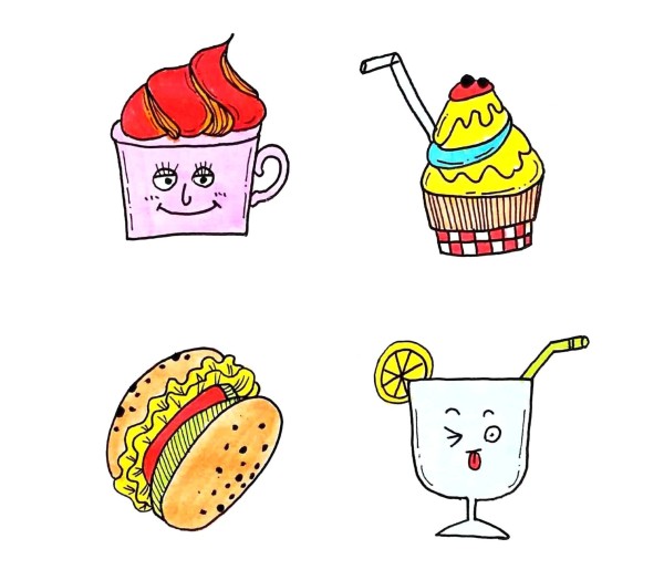 Colorful simple drawing pictures of 28 kinds of Western food