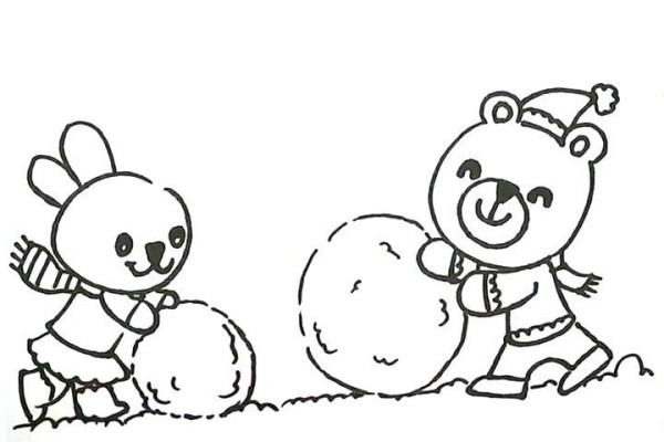 A simple drawing of a bear and a bunny rolling a ball