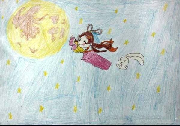 Mid-Autumn Festival childrens colored pencil drawing pictures: Chang'e flying to the moon