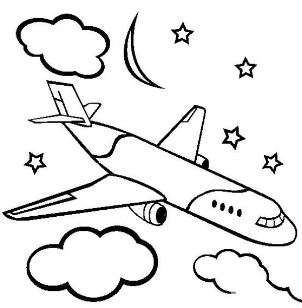 Simple drawing picture of airplane under the starry sky