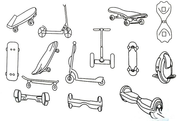 A complete collection of skateboard simple drawings and drawing steps