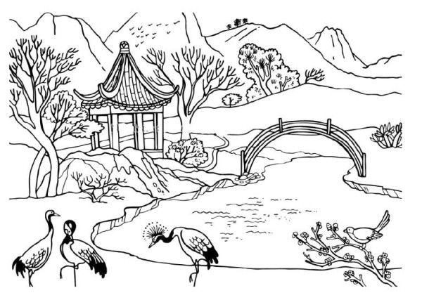 A set of beautiful park scenery simple drawing pictures