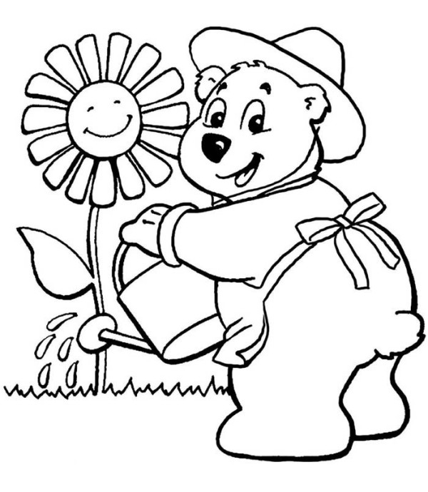 Little bear watering flowers