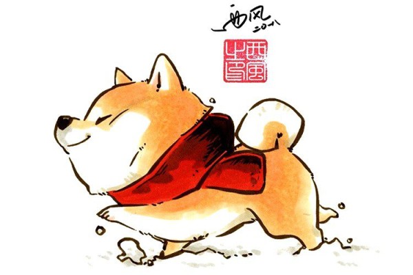 A set of simple drawing pictures of festive little dogs in winter red scarves in the New Year