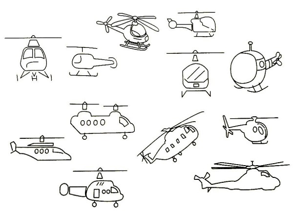 Complete collection of helicopter simple strokes and drawing steps