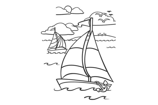 Sunrise on the sea sailing boat scenery coloring picture