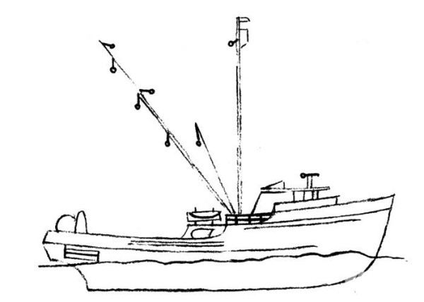 Steps to draw simple strokes of fishing boat