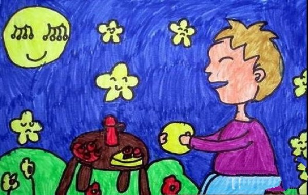 Mid-Autumn Festival themed childrens painting - eating mooncakes and looking at the moon