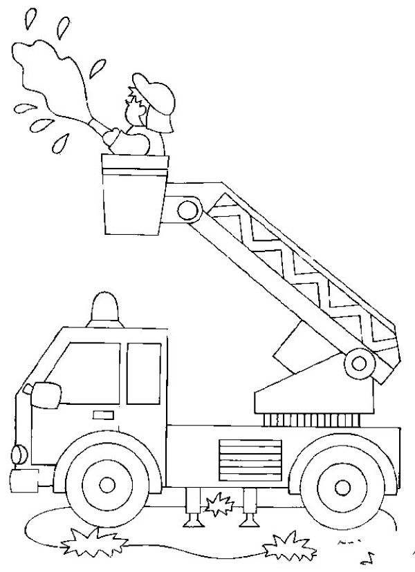 Simple drawing of fire truck putting out fire