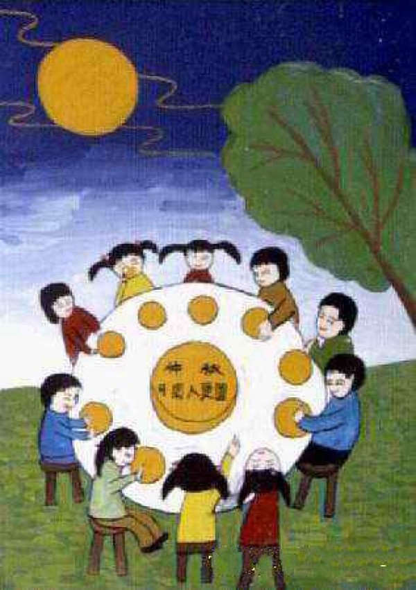 Childrens drawings of eating mooncakes during Mid-Autumn Festival - Eating mooncakes under the moon