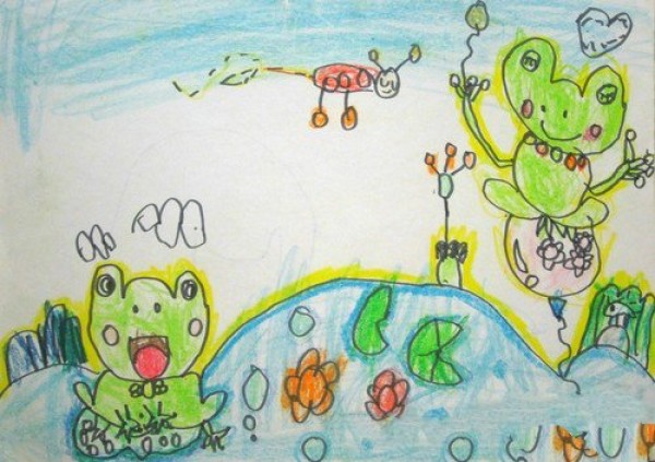 Childrens drawings of frogs in the lotus pond