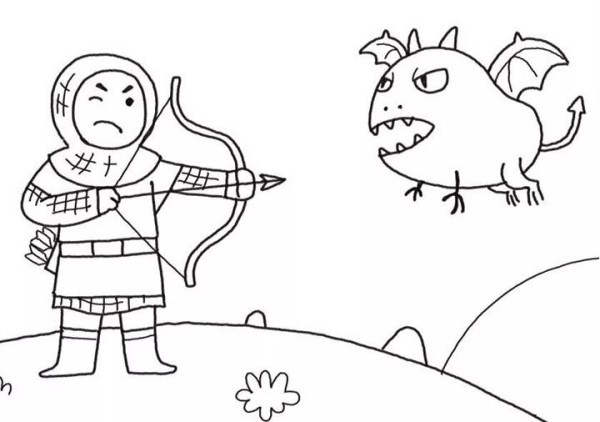 Draw a warrior fighting a flying monster