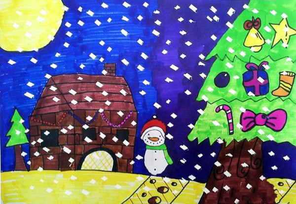 Childrens drawings of winter - snowman next to the hut