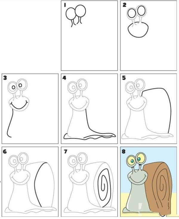 Childrens cute snail simple drawing sketch picture step-by-step tutorial